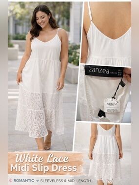 Zanzea White Lace Midi Dress Size M NWT Sleeveless Slip Boho Summer Dress